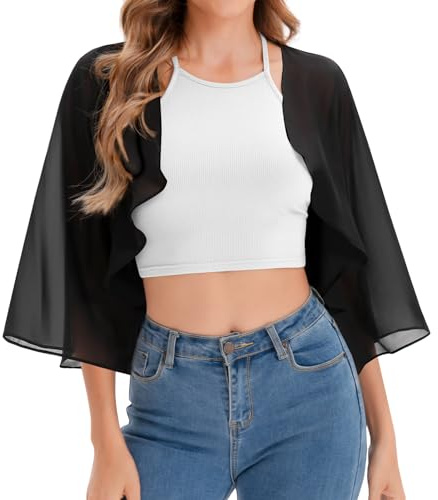 Kiiwah Bolero dam chiffong, kort kofta sommar 3/4 ärm bolero damväst chic och elegant för bröllop, ceremoni, hängselklänning, baddräkt, svart, XL