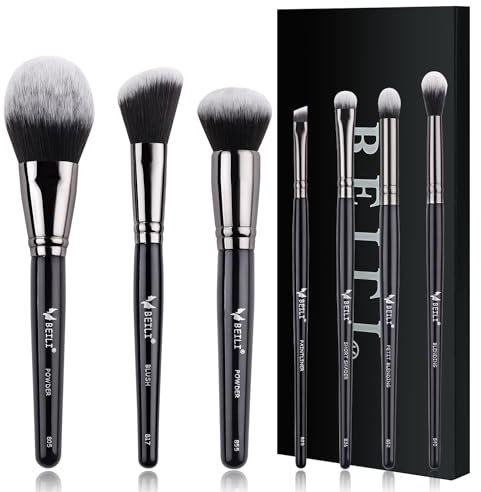 BEILI Set di pennelli da trucco per fondotinta, correttori, fard, ombretto, eyeliner, cipria, evidenziatore, sfumatura con setole sintetiche di alta qualità per cosmetici per occhi e viso (nero, 7pc)