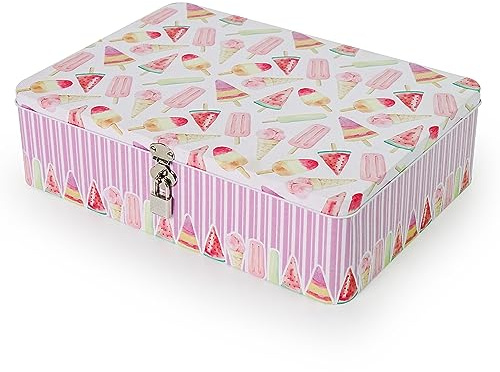 Aoneky Vintage Scatola Portaoggetti in Metallo con Serratura - Contenitore per Medicinali, Foto e File per Tavolo o Armadio - Scatola Rettangolare Decorativa in Latta, 30,4 x 22,8 x 8,6 cm (Rosa)