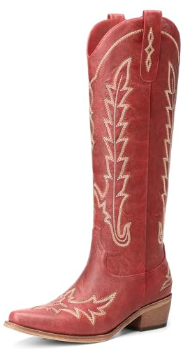 Rivalran Red Cowboy Boots for Women - Wide Calf Knee High Pointed Toe Chunky Heel Pull On Zipper Western Cowgirl Boots, Retro Country Vintage Fashion Tall Boots US Size 9.5