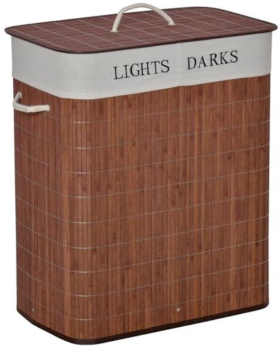 HOMCOM 100L Laundry Basket with Lid String Handles, 2 Section Collapsible Hamper Removable Lining Foldable Water-Resistant Dirty Clothes Storage, Brown