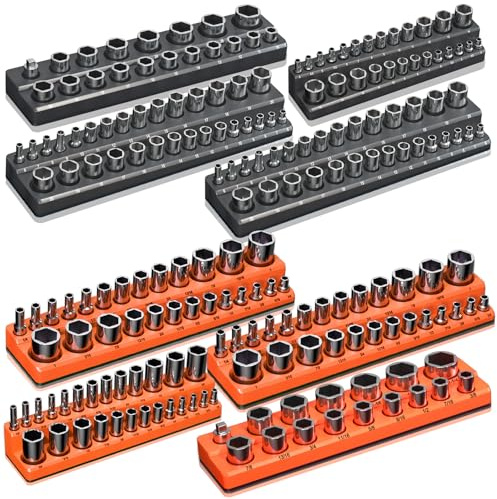 Magnetic Socket Organizer Holder Set – 8-Piece Tool Organizers Including 1/4, 3/8 and 1/2 Drive Socket Holder Metric & SAE 207 Pieces Socket Trays (Sockets are not Included)