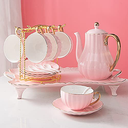 DDKYHU Juegos de té de Porcelana Juego de Taza y platillo de café Juego de Tazas de café Juegos de té de la Tarde con Soporte de Metal para el hogar (Rosa) (Azul b) (Rosa b)