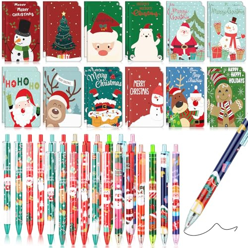 Nezyo 24 Set Mini Block Notes Natalizi e Penne a Inchiostro Nero Quaderni Tascabili Natalizi Babbo Natale, Pupazzo di Neve, Motivo Fiocchi di Neve Regali per Sacchetti di Natale, 12 Stili