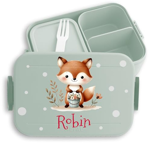 Kinder Bento Box Midi Lunchbox Mepal Bentobox - Kinderbrotdose mit Fuchs personalisiert | Geschenk zur Einschulung | Geschenkidee für den Schulanfang | Fuchs Brotdose mit Namen - 900 ml - Sage Grün
