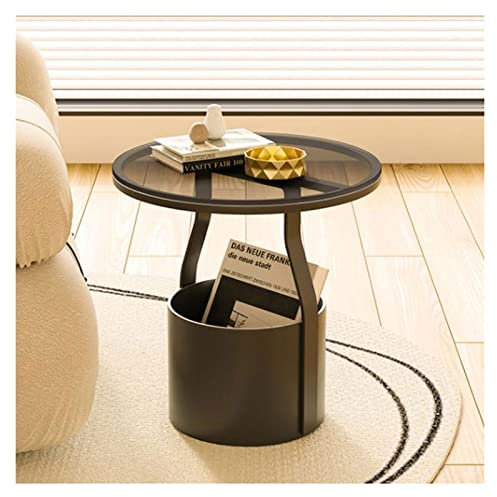 Couchtisch Beistelltische for drinnen und draußen mit Aufbewahrungskorb, kleiner runder Beistelltisch mit Tischplatte aus gehärtetem Glas und Metallrahmen aus Metall, for Terrasse, Hof, Balkon, Garten