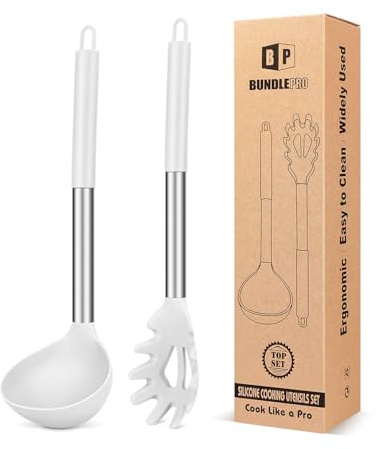 BUNDLEPRO Lot de 2 fourchettes à pâtes en silicone et louche à soupe Blanc | Grands ustensiles de cuisine antiadhésifs et résistants à la chaleur pour cuisiner, remuer, servir des spaghettis
