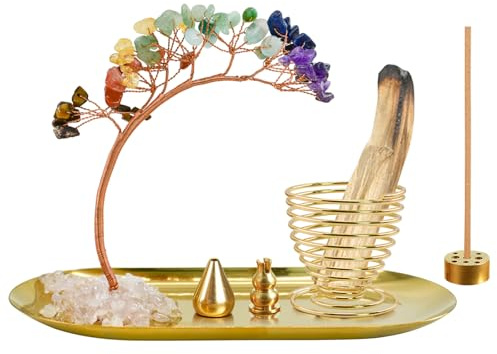 MrMrKura 5-in-1 Räuchergefäß, 7 Chakra-Kristallbaum-Räucherstäbchenhalter, Palo Santo-Halter, Salbeibrenner für Räucherstäbchen, Messing, Aschefänger für Yoga, Meditation, Heimdekoration