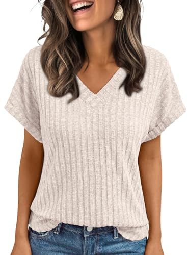 AUTOMET Womens Spring Tops 2026 Summer Dressy Casual Blouses Short Sleeve Cute V Neck Sweater Shirts Fashion Vacation Clothes Apricot M
