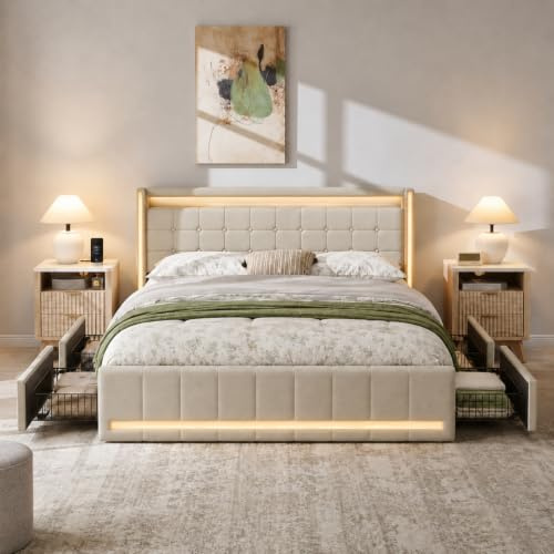 Fofetbfo Polsterbett 160x200 cm, Bett 160x200 mit Bettkasten, Doppelbett mit 4 Schubladen und LED und 2 USB, Typ-C, Kopfteil und LED-Beleuchtung, Doppelbett für Erwachsene und Jugendliche, Leinen