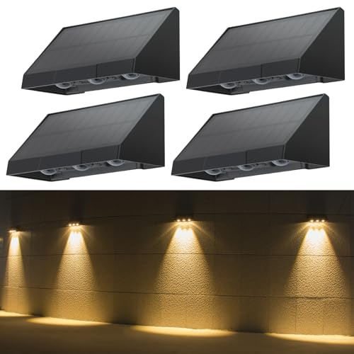 CBJKTX Solarlampen für Außen Garten 4ER Solar Wandleuchte Aussen Wand LED | 2 Modi Außenwandleuchten 3000K Warmweiß LED Solarwandleuchten Wasserdichte Solarleuchte Außenleuchte für Zaun Balkon