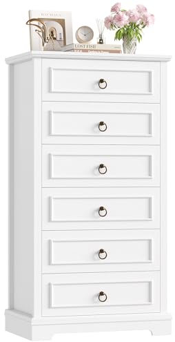 hefoths 131cm Hoch Kommode Weiß mit 6 Schubladen, Komodenschrank mit Holzmaserung, Schubladenschrank für Schlafzimmer Flur Wohnzimmer, 68×39.5×131 cm