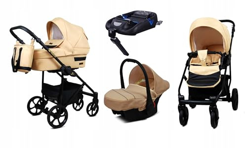 BabyLux® Kinderwagen Set 4 in 1 - Trailux - Beige - incl. Babywanne, Buggy Sportsitz, Auto-Babyschale, Basisstation - Autositz - Kinderwagenset - Kombikinderwagen mit Wickeltasche usw.