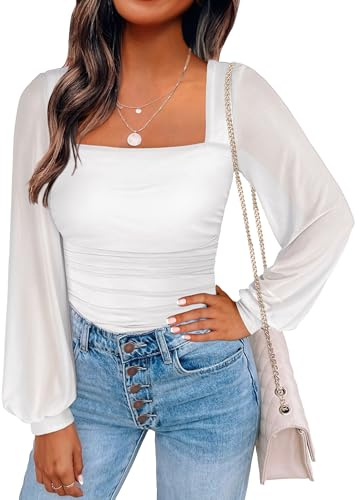 ANRABESS Womens Square Neck Mesh Long Sleeve Tops Double Lined Dressy Business Casual Blouses Shirts 2025 Fall Outfits White Medium