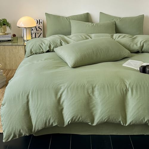 WONGS BEDDING Double Duvet Cover Set Green Bedding Set Reversible Striped Texture with 2 Pillowcases Soft Microfiber Double Bedding Sets with Zipper Closure for All Season (200x200cm)
