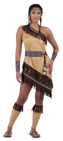 My Other Me Indianer-Kostüm für Damen, Größe L. Inklusive beigefarbenem asymmetrischem Kleid mit Fransen an jedem Saum und passenden Gamaschen, Gürtel und Manschetten mit bunten Motiven und Federn.