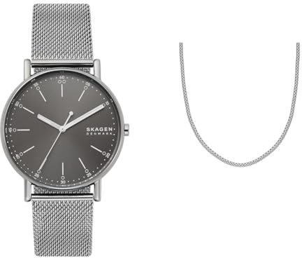 Skagen Herren Signatur Graue Edelstahl Uhr und Silberfarbene Halskette, Set