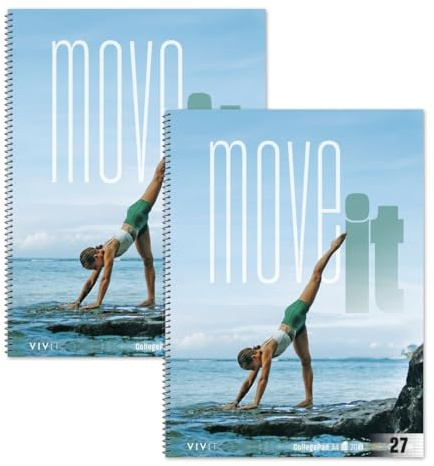 Vivit Collegeblock DIN A4 Move it Yoga - 2 Blöcke à 80 Blatt, LIN 27 | DIN A4, 70 g/m², Lineatur 27 (liniert mit Randlinien), Spiralisiert, 4-fach Lochung, zertifiziert mit blauem Engel