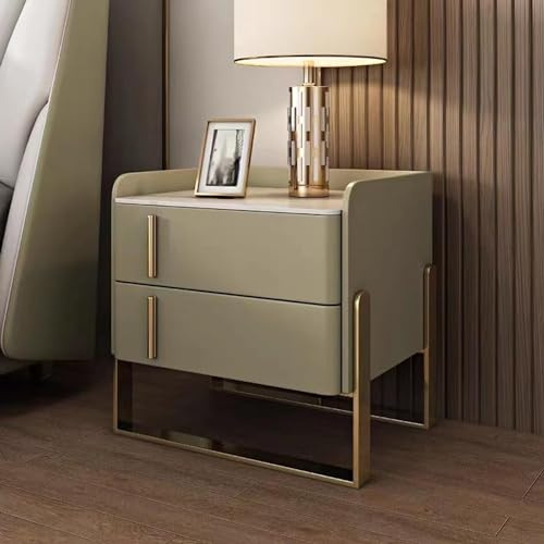Juego de 2 mesitas de noche modernas – Mesa auxiliar estrecha con cajón, acabado de cuero, marco de metal, elegante mesa auxiliar de cama y baúl de almacenamiento de dormitorio para espacios pequeños