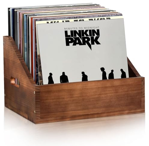 Wooden Vinyl Record Storage Crate, Large-Capacity Retro Record Holder Box for 60+ LP Albums, Durable Solid Wood Vinyl Organizer with Handles, Record Storage Case for Home Decor & Collector Display