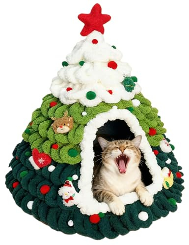 Casa De Navidad Para Gatos - Cálido tejido con diseño de árbol | Árboles de Navidad para gatos para gatitos de tamaño pequeño para interiores y exteriores, para el hogar, para dormir en invierno y Alt