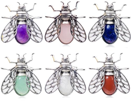 Lot de 6 pendentifs broches abeille en pierre naturelle, 2 en 1, charms insectes en cristal pour création de bijoux, colliers et accessoires de déguisement Halloween
