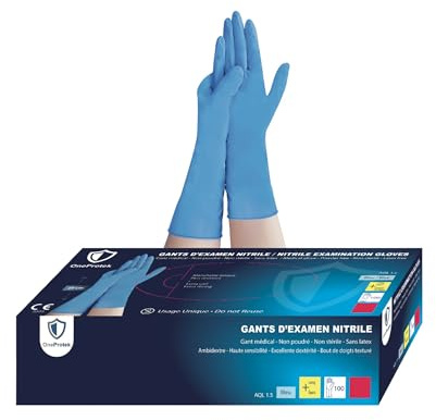 OneProtek - Guantes de nitrilo desechables con puño largo, sin polvo, sin látex, gruesos, 6,5 g, resistencia química y protección de virus, contacto con alimentos y médicos, talla M)