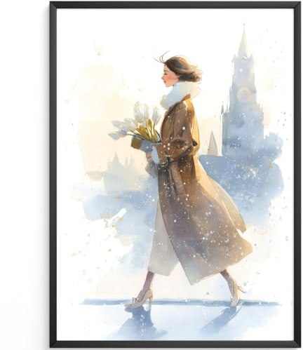 MJ-GRAPHICS® Wandbild Frau Tulpen Kunstdruck elegant Winter Stadt Aquarell Deko Farben Beige Blau Wohnzimmer Büro Bilder Kunst für stilvolle Raumgestaltung 50x70 mit schwarzem Rahmen