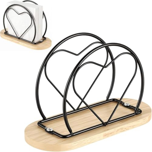 Dexpally 2 Portaservilletas En Forma De Corazón De Metal Y Madera Negro – Soporte Estable Con Base De Madera Para Cocina, Mesa, Cafetería Y Restaurante