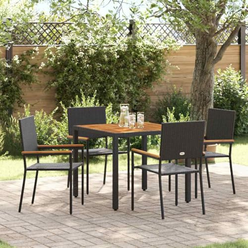 LoogCape Trädgårdsmatgrupp 5 delar, svart polyrotting med akaciaträarmstöd, stålram, 190 x 90 x 75 cm, väderbeständig, stapelbar trädgårdsstol, terrassstol, relaxstol för balkong och utomhus