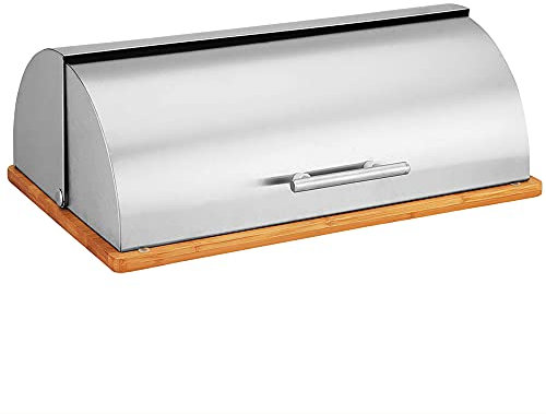 Maestro MR-1672S Brotkasten, Schiebedeckel, Brot- und Gebäckaufbewahrungsbehälter, Elegantes Design, Edelstahl, Holz, Bread Box, 38,5 x 25 x 14,5 cm