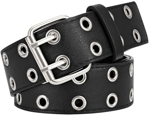 XZQTIVE Double Grommet PU Leather Belt for Women Men Punk metal Jean Belt Wide 1.5 Inch