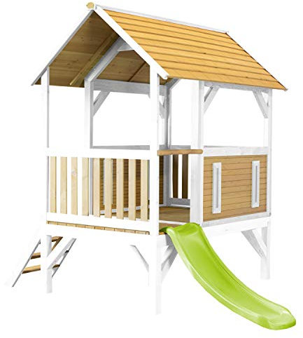 AXI Spielhaus Akela mit hellgrüner Rutsche | Stelzenhaus in Braun & Weiß aus FSC Holz für Kinder | Spielturm für den Garten.