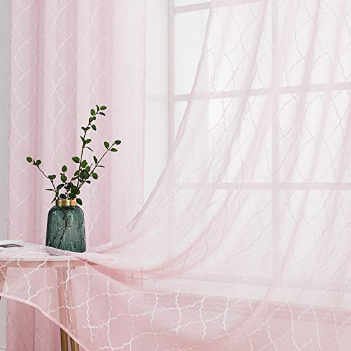 MIULEE Gardinen Voile Marokko Vorhang mit Ösen 2er Set Rosa 140x245cm | Transparente Optik Vorhänge Sheer Ösenschal Wohnzimmer Fensterschal Luftig Lichtdurchlässig Dekoschal für Schlafzimmer