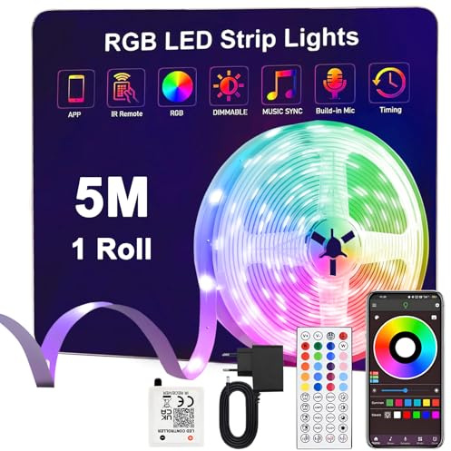 Anmossi LED Strip 5m,RGB LED Streifen mit Fernbedienung,AC220V-240V Dreamcolor LED Lichtleiste,SMD 5050 LED Lichtband,für die Beleuchtung von Haus,Decke,Party, Küche