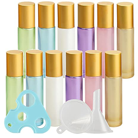TIANZD 12 Stück Leere 10ml Gemischt Glas Roller Flaschen mit Gold Alu Schraubverschluss, Roll-On Glasflaschen mit Glasroller für Ätherische Öle Essential Oil mit Trichter Öffner