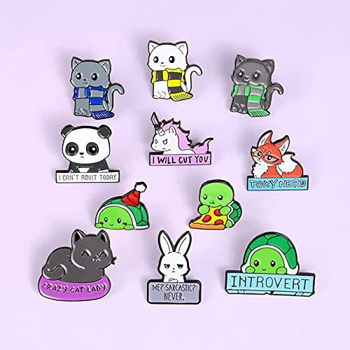 HCMA 11 Stück Tier Emaille Pins Panda Katze Schildkröte Fuchs Kaninchen Broschen Tasche Kleidung Anstecknadel Abzeichen Lustige Zoo Schmuck