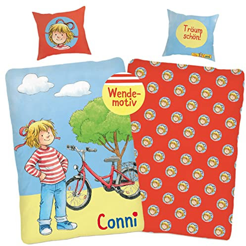 SkyBrands Conni Bettwäsche 135 x 200 cm 80 x 80 cm Kissenbezug Wendedesign 100 Baumwolle Bettbezug mit Reißverschluss Kinderbettwäsche Mädchen Conni und Katze Mau –KO TEX Standard 100