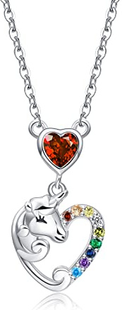 Qings Collier Licorne Pendentif pour Fille Princesse Colliers Coeur Grenat Pierres de Naissance Argent Cristal Bijoux pour Les Femme Filles Petite-Fille Cadeau Janvier Anniversaire Noel