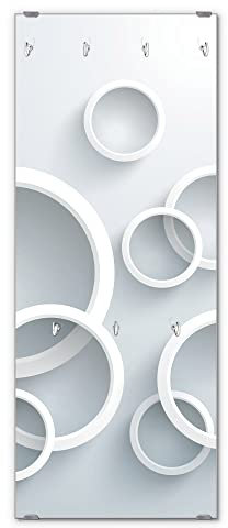 banjado® Wandgarderobe aus Echtglas/Design Garderobe 50 x 125 cm groß/Flurgarderobe mit 7 Haken/Beschreibbares Garderobenpaneel Motiv Weiße Ringe