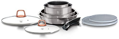 Berlinger Haus Moonlight Batería Cocina Inducción 9 Piezas, Mango Extraíble Intercambiable, Antiadherente sin PFOA, Aluminio, Set Cacerolas y Sartenes, Tapas Cristal + Herméticas, Apilable