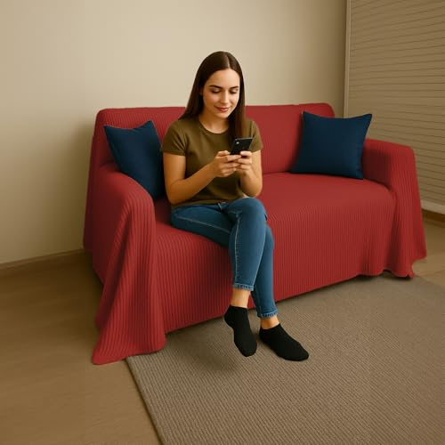 Byour3 - Sofabezug 3 4 5 Sitzer Gemischte Baumwolle Sofaüberwurf Jacquard Rechteckiger Schutzstoff Auch Für Ecksofa L U Form Mit Ohne Chaise Longue Universell Waschbar (Ottoman Rot, 3 Sitzer)