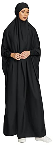 IMEKIS Damen Muslimischen Jilbab Kleid Islamischen Ramadan Gebetkleid mit Hijab Kapuze Abaya Kleid Einfarbig Lose Arabisch Khimar Kaftan Nahen Osten Dubai Türkei in voller Länge Robe Schwarz