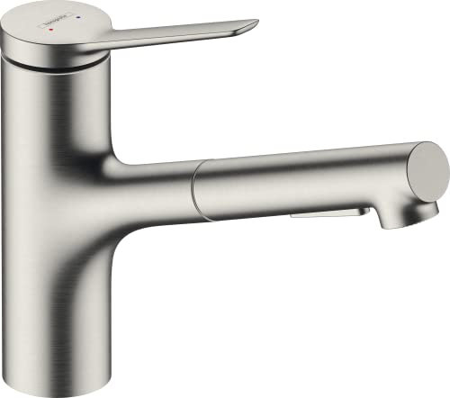 hansgrohe Zesis M33 - Küchenarmatur mit Metall Brause ausziehbar, mit Schlauchbox (sBox), 2 Strahlarten, Wasserhahn Küche mit Auslauf Höhe 150mm, Mischbatterie Küche schwenkbar , Edelstahl Finish
