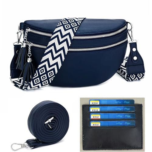 LANXINGLUO tasche damen umhängetasche damen mittelgroß crossbody bag damen breiter gurt 5CM，Mit Kreditkartenfach und 2 Schultergurten，B-Marineblau