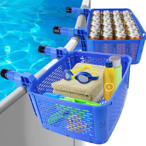 2 Packungen vergrößerte Pool-Aufbewahrungskörbe – Pool-Getränkehalter mit Lager bis zu 15 kg für oberirdischen Rahmen, Schwimmbadzubehör mit 5,8 cm oder weniger oberer Schiene, 39,4 x 37,1 x 19,1 cm
