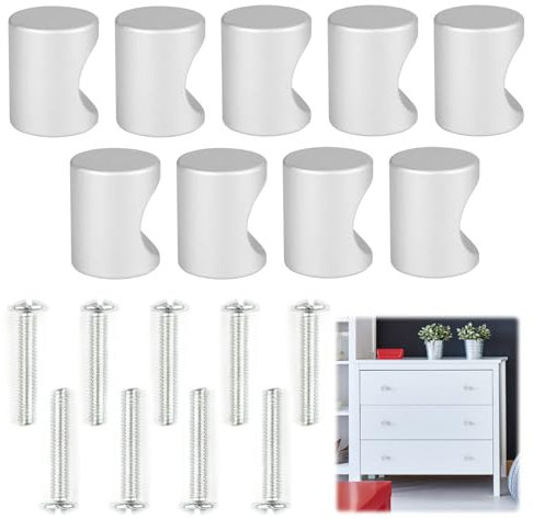 9 PCS Pomos Cilíndricos de Metal para Muebles con Tornillos, Diseño Moderno y Elegante, en Aleación de Aluminio, Acabado Satinado Plateado, para Cocinas, Baños, Cajones, Armarios y Muebles Renovados