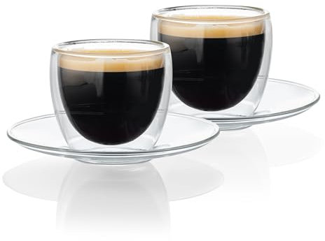 MU LIN Set Tazzine a Doppia Parete, in Vetro Borosilicato, Isolamento Termico Caldo e Fredde, 80mL, con Piattini (2 Pezzi)