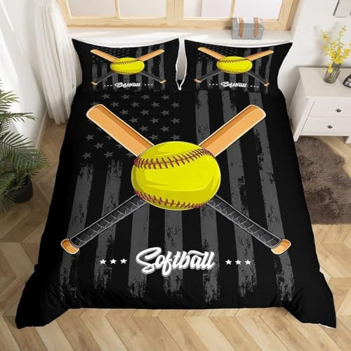 EXSANLIEAY Baseball Bettwäsche 135x200 - Schwarz Wendebettwäsche, Weiche & Atmungsaktiv Microfaser Bettbezug + 2 Kissenbezug 80x80, Angenehme bettwäsche-Sets, 3 Teiligmit Reißverschluss