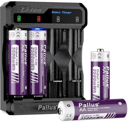 Pallus 1.5V Rechargeable Lithium AA Battery, 3500mWh Large Capacity 4-Pack, 1500 Long Cycles, with 4-Slot Voice Reminder Smart Charger